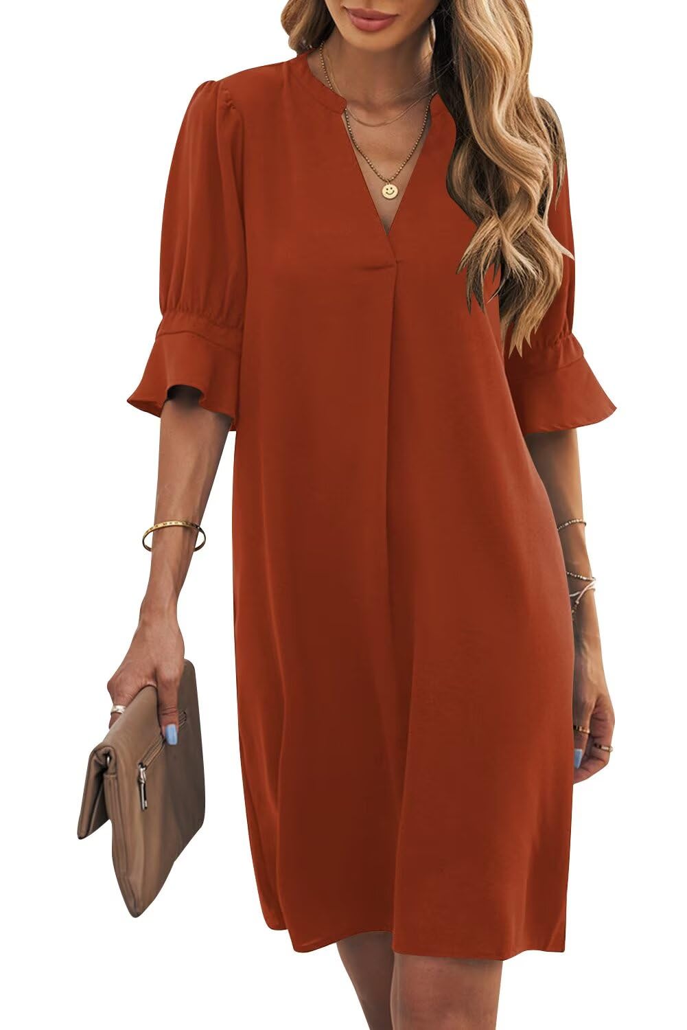 Wkior Women Dress V Neck Short Sleeve Solid Color Casual Summer Dresses (S-2XL)