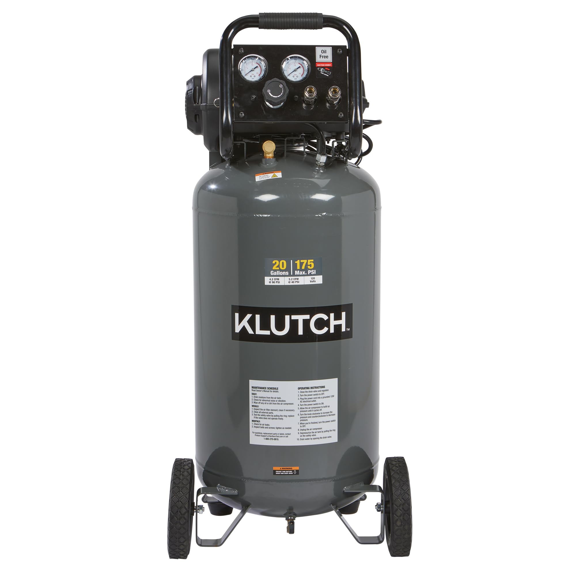 Klutch 20-Gallon Air Compressor, 2 HP, 120V | 175 PSI, 4.2 SCFM at 90 PSI