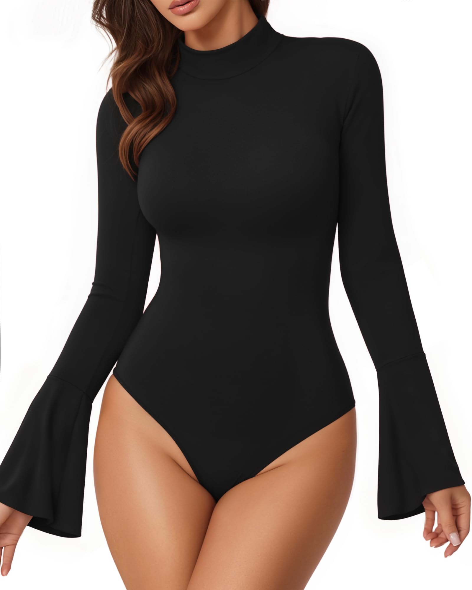 Women's Long Sleeve Mock Neck Bell Sleeve Leotard Outdoors