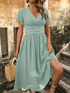 Women Emerald Green V Neck Ruched Waist Cap Sleeve A Line Cocktail Dress for Wedding Date Night