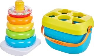 Fisher-Price Baby’s First Blocks & Rock-a-Stack Toy Set | Bucket of 10 Shapes, Ring Stacking Activity, For Infants & Toddlers Ages 6+ Months (Amazon Exclusive)