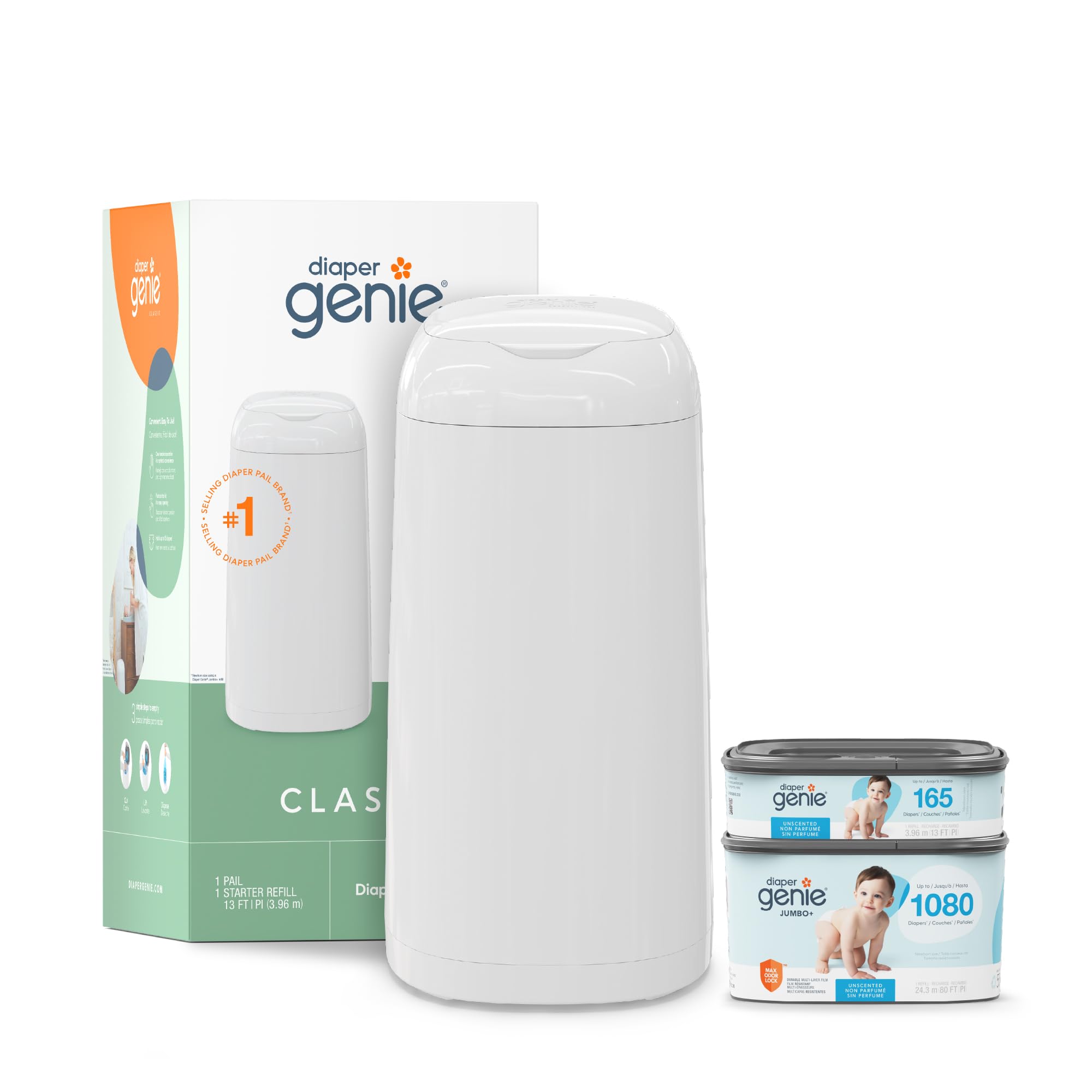 Diaper Genie Classic Diaper Pail Gift Set | Push-N-Lock Odor Control | Includes 