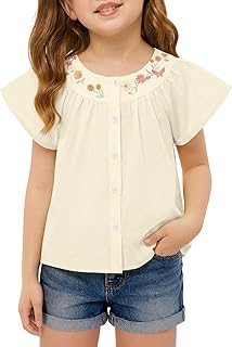 Haloumoning Toddler Baby Girl Flutter Short Sleeve Blouse Kids Flowy Button Down Shirts Cute Tops tee 9M-8Y