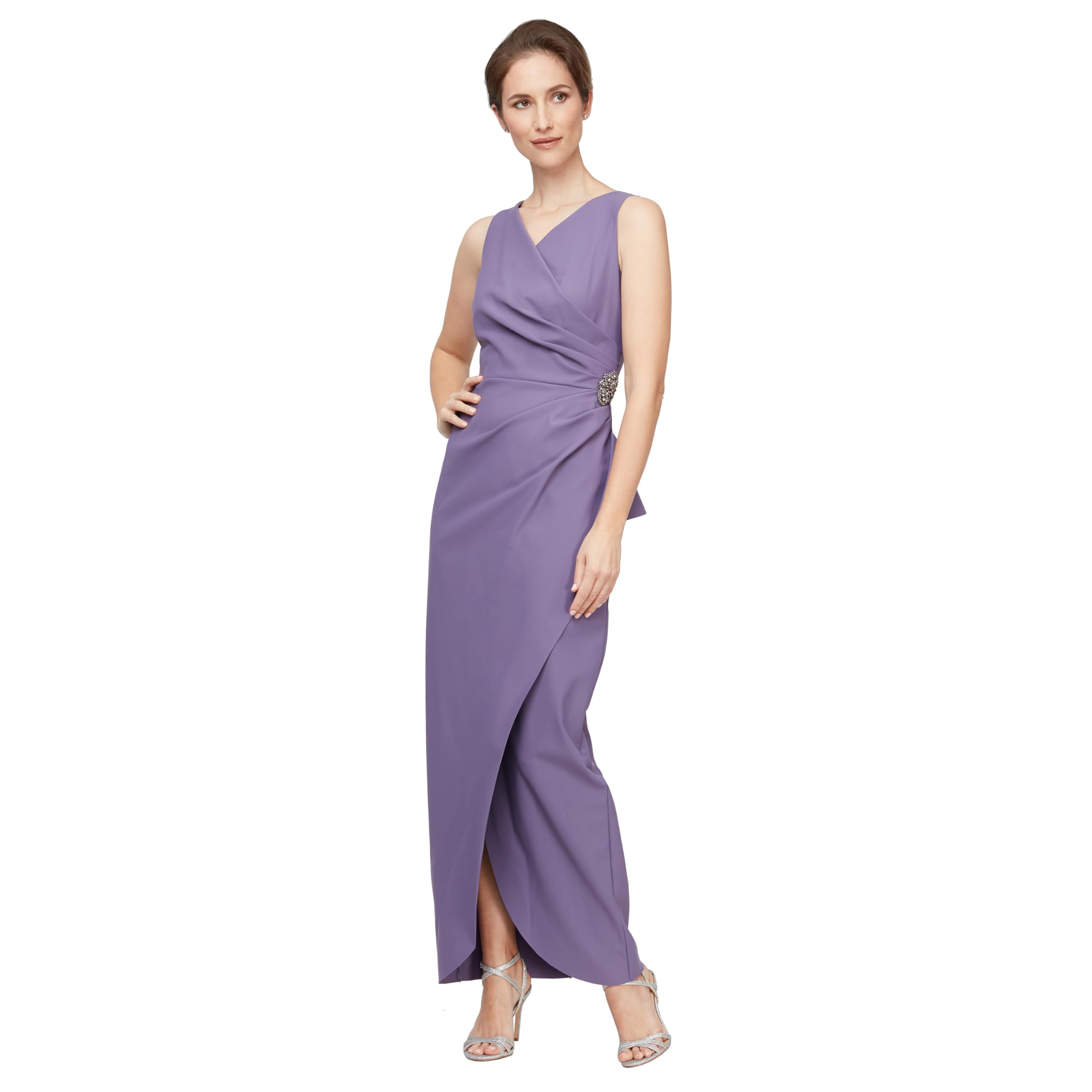 Alex Evenings Slimming Long Side Ruched Mother of The Bride Dress W/Cascade Ruff