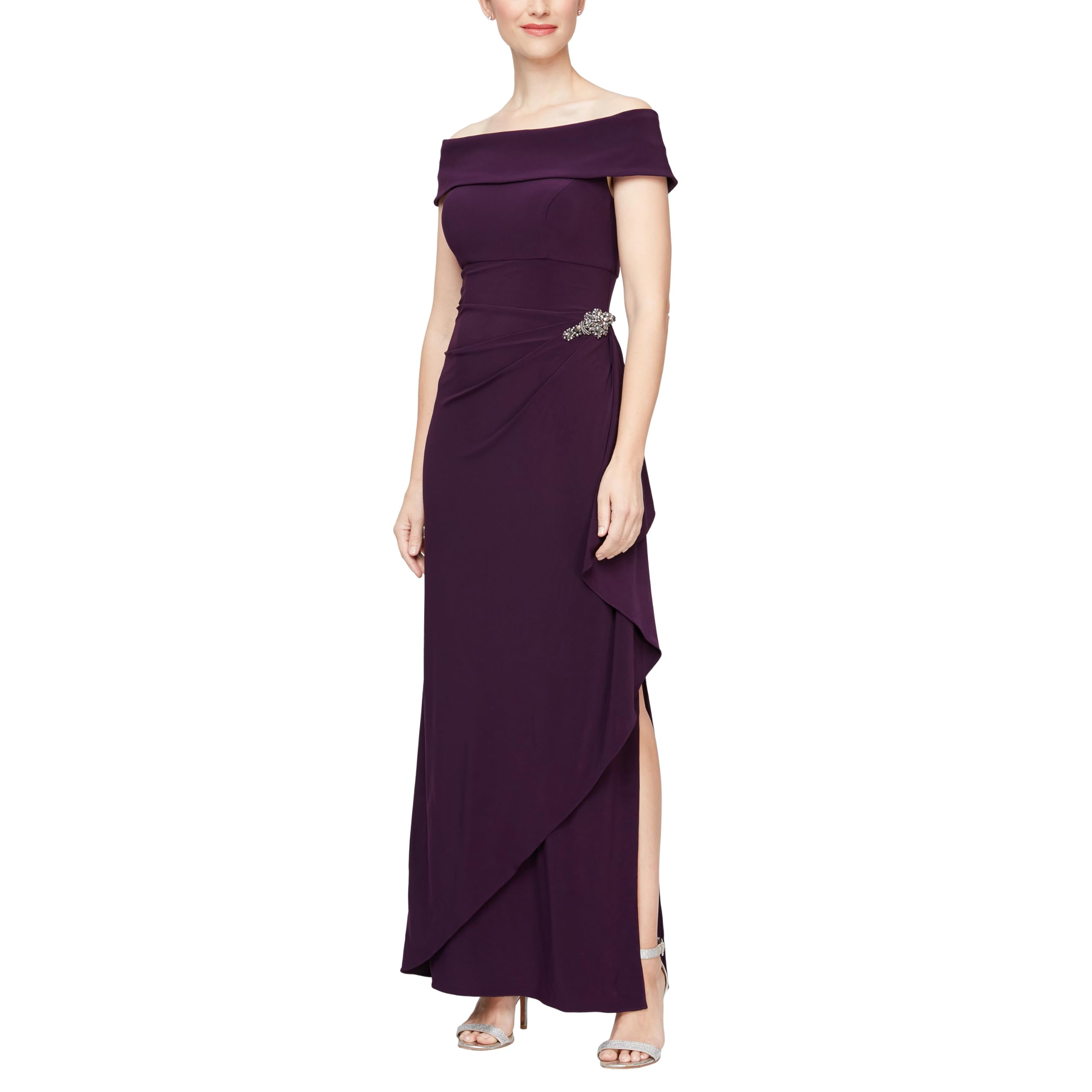Alex Evenings Women's Long Foldover Off Shoulder Gown, Formal Event, Mother of T