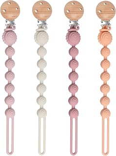 Dummy Clips 4 Pack Silicone Soother Chain, Bpa Free Pacifier Holder | 2-in-1 Design with Teether, Portable for Travel, 4 Colours for Boys and Girls, Soft-Touch Finish for Everyday Comfort