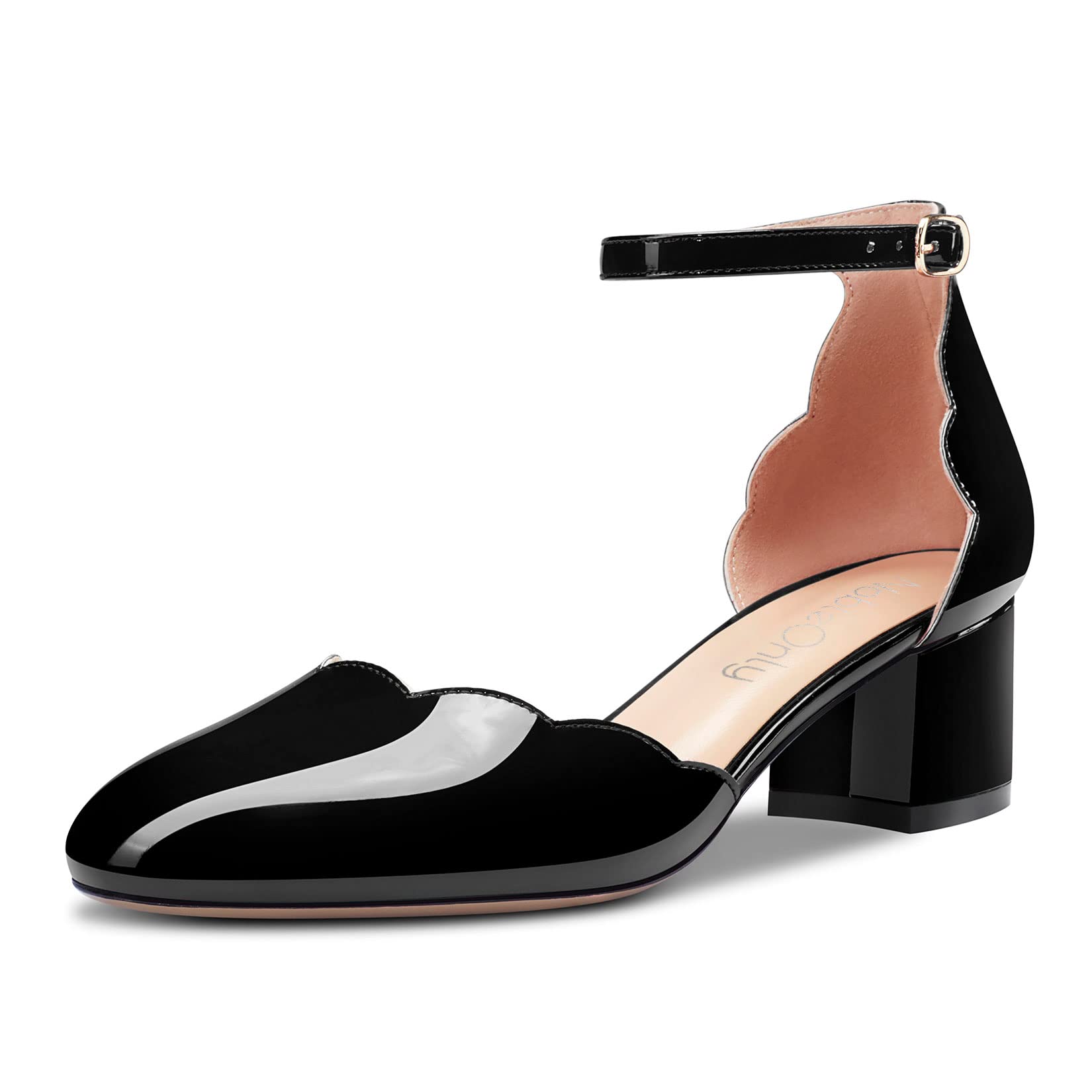NobleOnly Women's Block Chunky Low Heel Closed Round Toe Straps Ankle Pumps Buck
