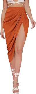 WDIRARA Women's Split Front Satin Skirts High Waist Ruched Wrap Skirt