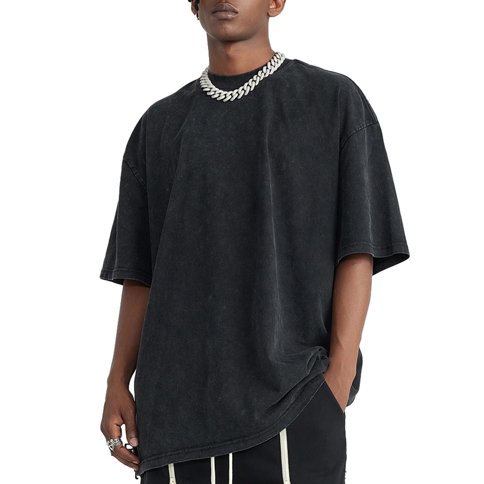 Bobeutou Oversized Vintage Acid Wash Tshirt for Men Cotton Solid T Shirt Streetw