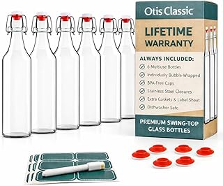 Otis Classic Clear Swing Top Glass Bottles, Plastic Caps, Set of 6, 16oz | Marker & Labels Included, Plastic Cap BPA Free, For Juice, Water, Kombucha, Wine, Beer Brewing, Kefir Milk, Eggnog