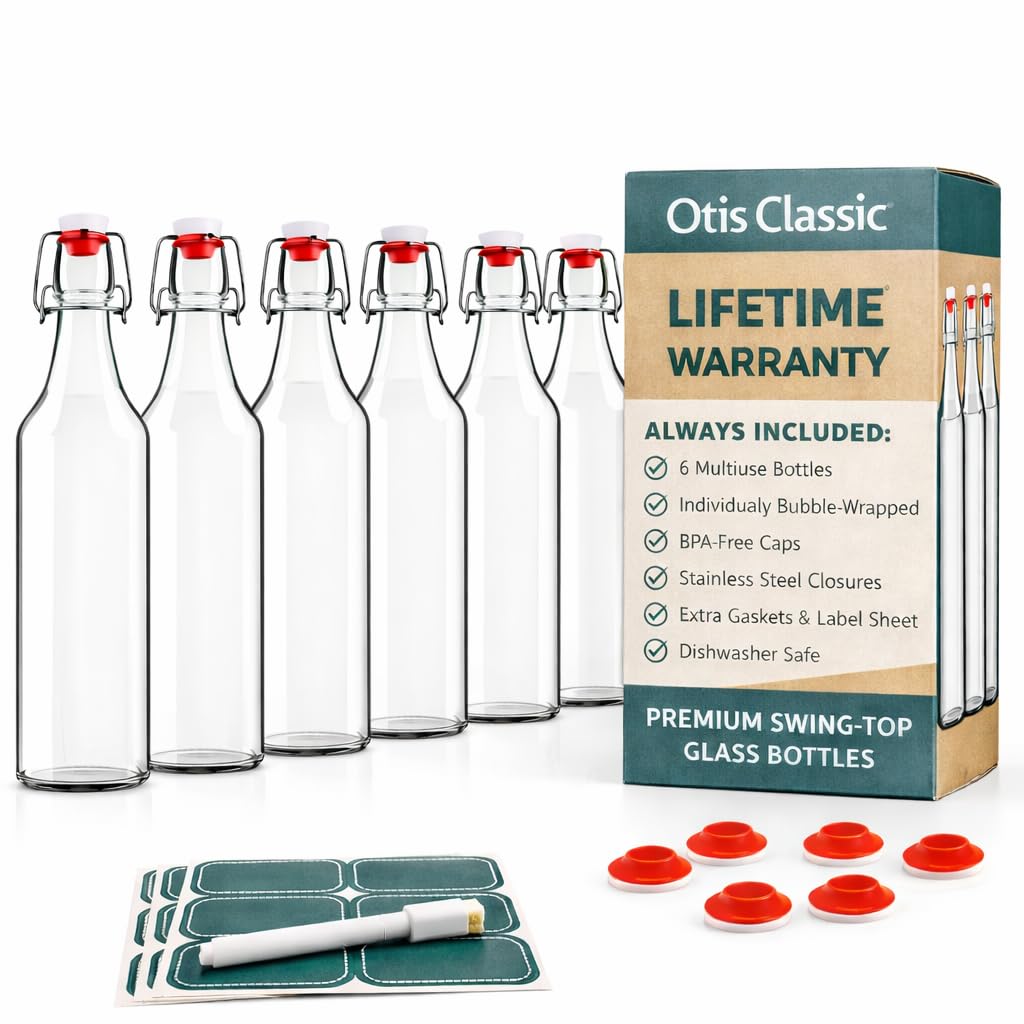 Otis Classic Clear Swing Top Glass Bottles, Plastic Caps, Set of 6, 16oz | Marke