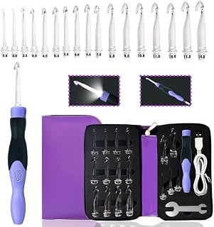 Yarniss 17 Size Lighted Crochet Hooks 2.5mm~14mm Rechargeable Crochet Hooks | Glow In Dark Better for Night Crocheting, Light Up Crochet Hook with USB Cable,Purple