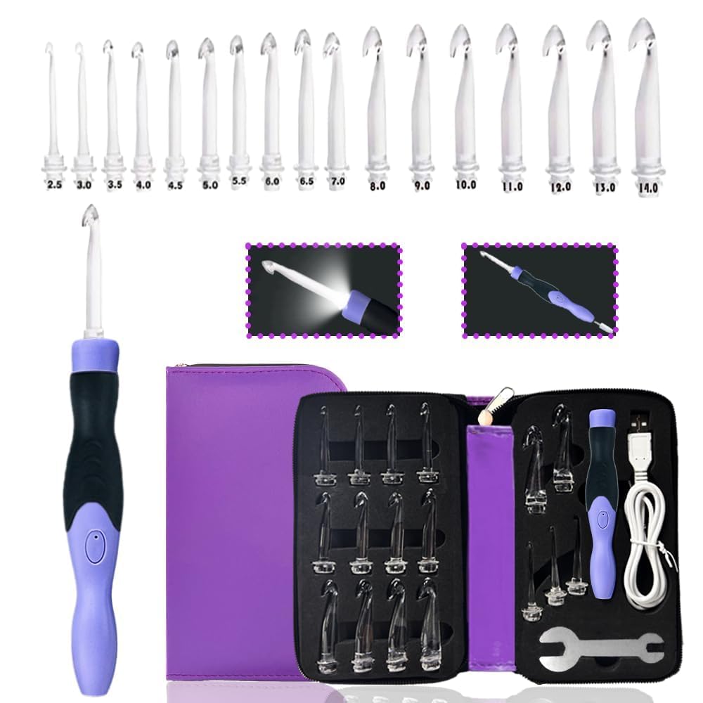 Yarniss 17 Size Lighted Crochet Hooks 2.5mm~14mm Rechargeable Crochet Hooks | Gl