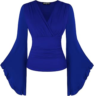 SCARLET DARKNESS Women V Neck Wrap Top Long Bell Sleeve Shirt