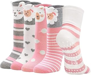 PUTUO Girl's Non Slip Socks: Children's Cotton Sports Socks with Grip Novelty Animal Non Slip Socks for Kids, Age 2-14, 5 pairs