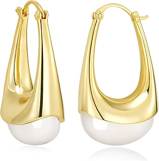 SNGIA Long Oval Chunky Dangle 18K gold plated Hoops with Colored Resin Gemstone Statement Earrings for Women by SNGIA, (Green, Brown, Blue, Pink, White, Cream), Bold Drop Handmade Exaggerated