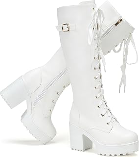 Women Fashion Platform Knee High Boots Lace Up Chunky Heel Boots with Buckle Side Zipper Biker Boots