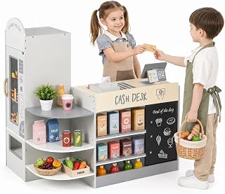 HONEY JOY Kids Grocery Store Playset, Wooden Supermarket Playset w/Cash Register & Vending Machine Toy, Blackboard, Checkout Counter Stand, Grocery Store Pretend Play for Toddler Boys Girls (Gray)