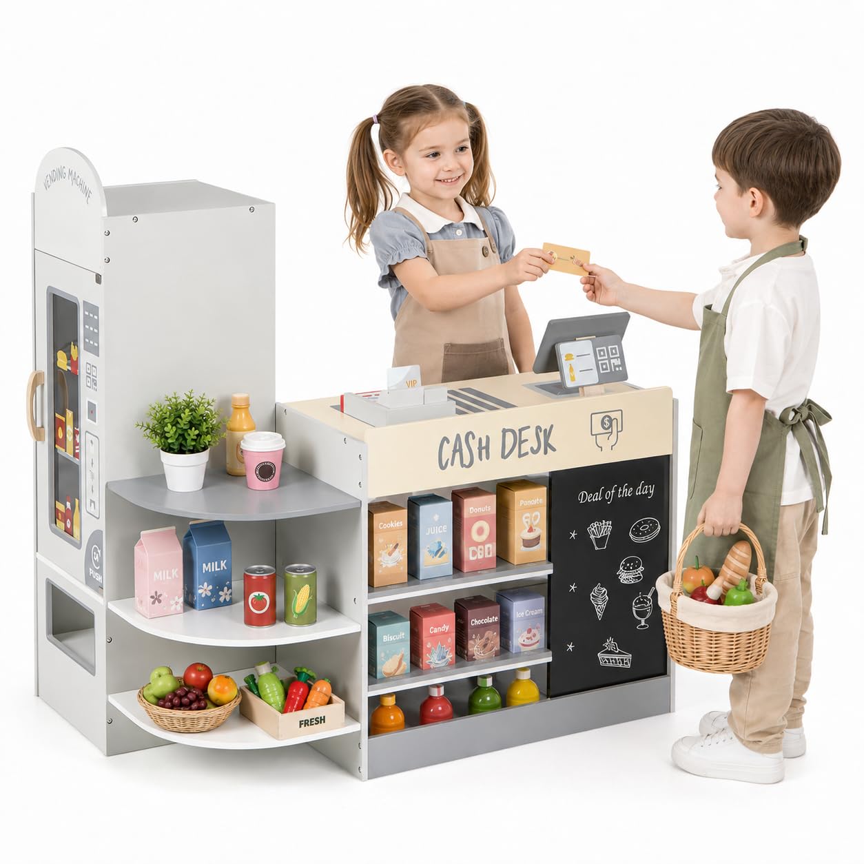 HONEY JOY Kids Grocery Store Playset, Wooden Supermarket Playset w/Cash Register