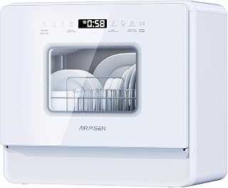 AIRMSEN Large Slim Countertop Dishwasher | Built-in Water Tank | No Hookup Needed, Heated Drying & 72H Air Refresh, 12H Delay Start, Built-in Water Softener, 3 Spray Arms & 2-Level Rack