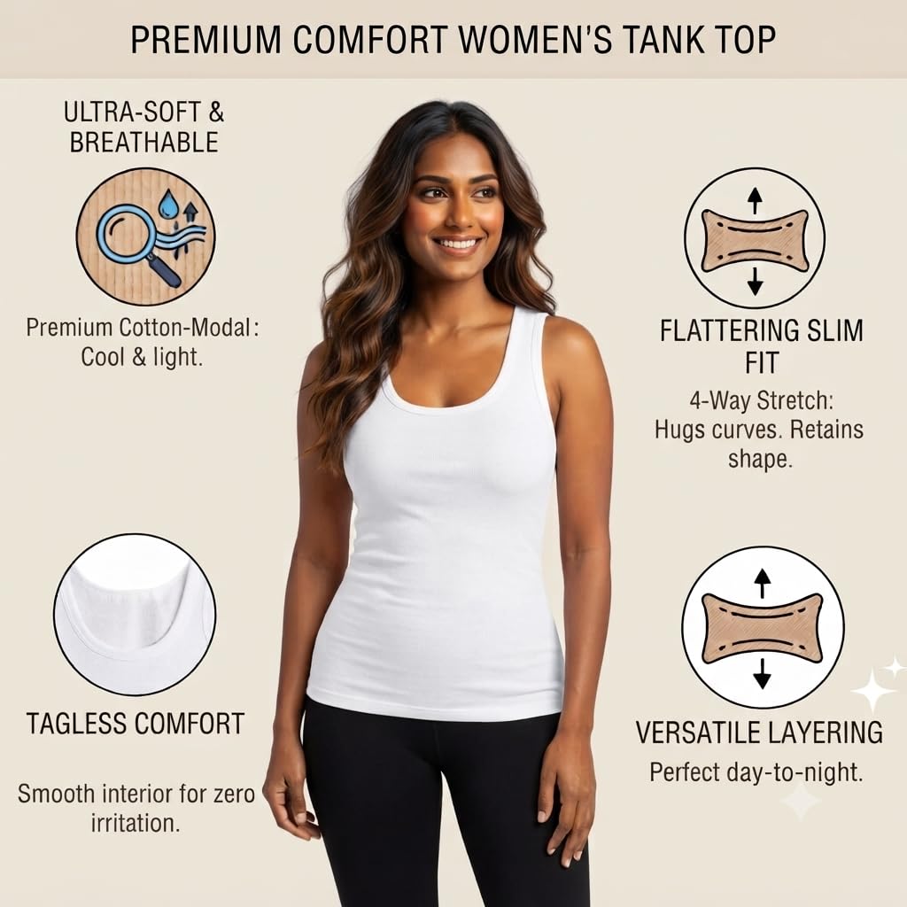Rupa Jon Women's Camisole Tank Top, Soft Cotton Blend Cami