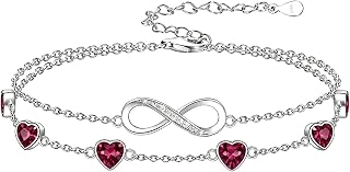 Prismata Infinity Birthstone Charm Link Bracelet/Anklet 925 Sterling Silver Adjustable 12 Months Birthstone Infinity Bracelet/Anklet Birthday Jewelry Gifts for Women Her