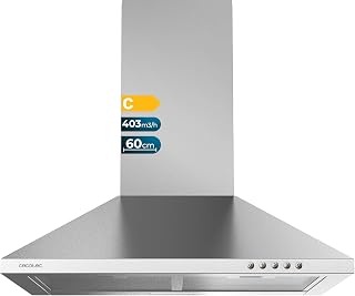 Cecotec Flux PM 604300 Stainless Steel C Extractor Hood, Pyramid Shape, Stainless Steel, Suction Power 403m3/h, Motor 105W, Class C, Mechanical Control, 3 Power Levels