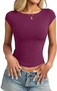 EasyGala Womens Double Lined Boat Neck Tops Cap Sleeve Tight Y2k T Shirts