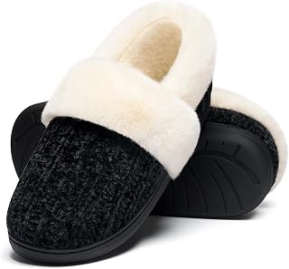Evshine Fuzzy Memory Foam Slippers for Women Closed Back Knit House Shoes