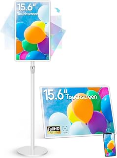 15.6" Digital Signage with 10000mAh Battery, Capacitive Touchscreen Advertising Display, Adjustable Stand, Android 13 Commercial LCD Monitor with Auto Play, Wireless Screen Mirroring, 4+64GB, White