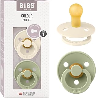 BIBS Pacifiers Colour Collection | Natural Rubber Baby Pacifier | Round Nipple | Set of 2 BPA-Free Soothers | Made in Denmark | 0+ Months (Pack of 2) | Sage/Ivory