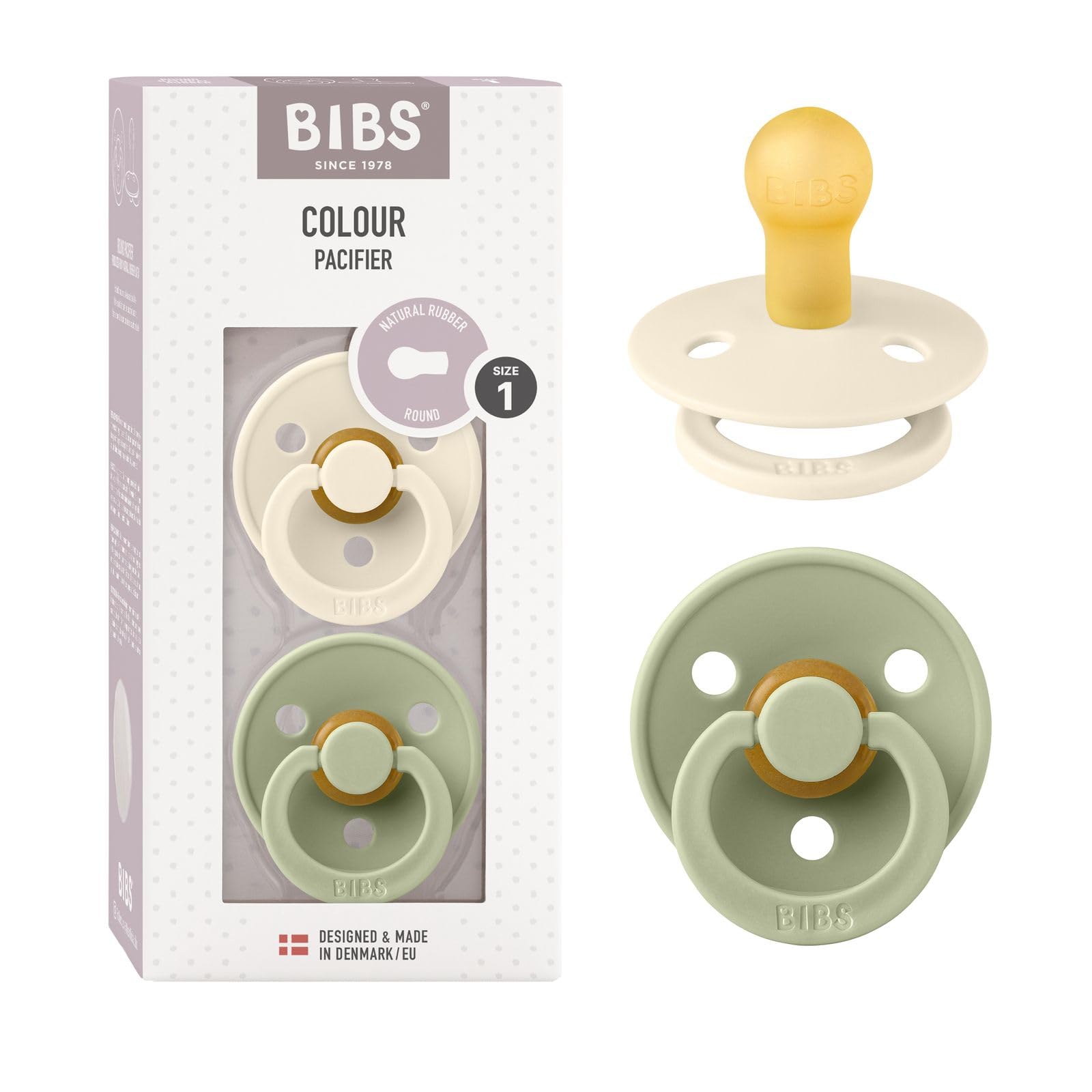 BIBS Colour Dummy, 0-6 Months, 2-Pack, Round Teat, Ivory/Sage | Natural Rubber L