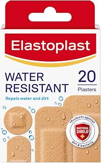 Elastoplast Water Resistant Plasters, 20 Count | Water Resistant Wound Protection Plasters, Breathable, Strong Adhesion, Non-Stick Wound Pad, Protects from Dirt and Bacteria