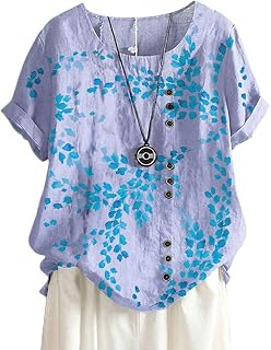 ORANDESIGNE Linen Shirt Short Sleeve Women Casual Vintage Tops Blouse T-Shirts Short Sleeve Crew Neck Tunic Tops Shirt Loose Plus Size T Shirt