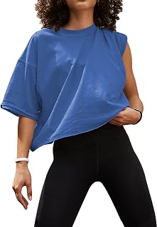 UEU Women's Comfy Basic Workout Gym Short Sleeve Crop Tops Casual Loose Oversized T-Shirts