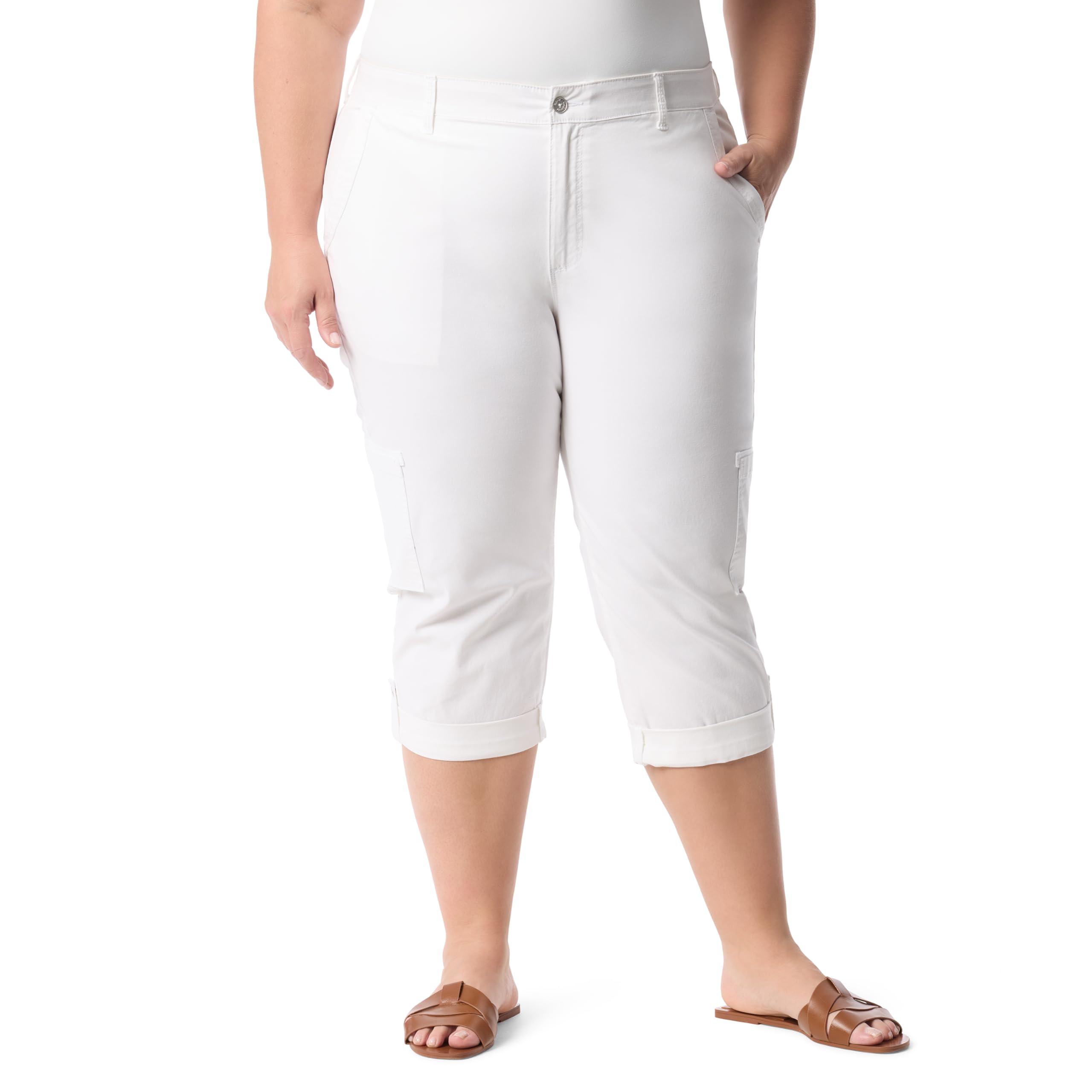 Gloria Vanderbilt Cargo Capri Tab Roll Cuff with Zip Front and Elastic Waist Sta
