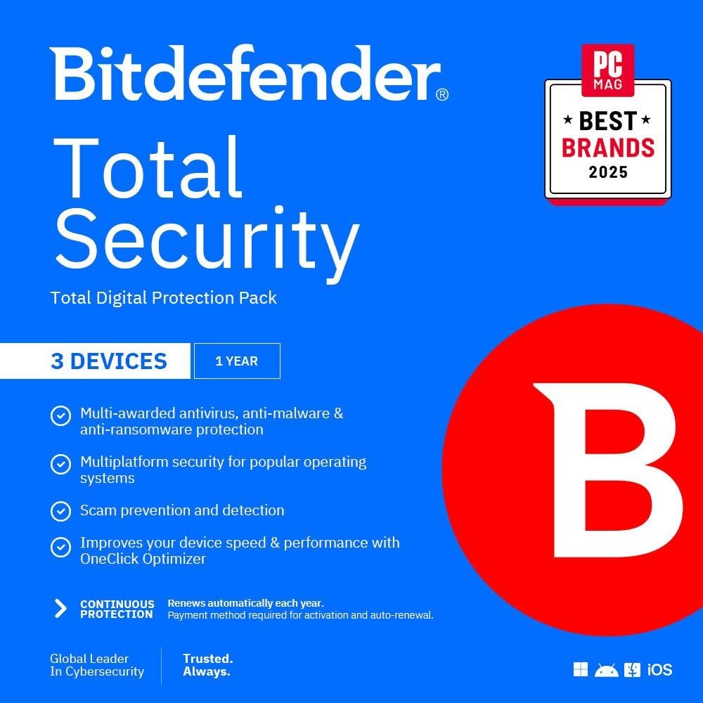 Bitdefender Total Security - 3 Devices | 1 year Subscription with Auto-Renewal |