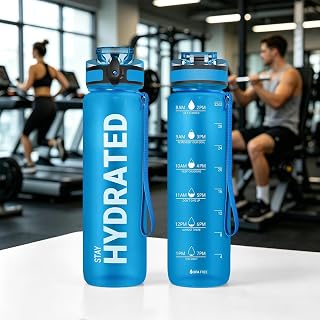 32oz Motivational Water Bottle with Time Marker for Drinking, Wide Mouth with Shoulder Strap, BPA Free and Leak Proof for Gym, Outdoor Fitness (Blue)