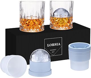 Whiskey Rocks Glass, Set of 4 (2 Crystal Bourbon Glasses, 2 Round Big Ice Ball Molds) In Gift Box - 10 Oz Old Fashioned Glasses for Scotch Cocktail Rum Cognac Vodka Liquor, Unique Gifts for Men
