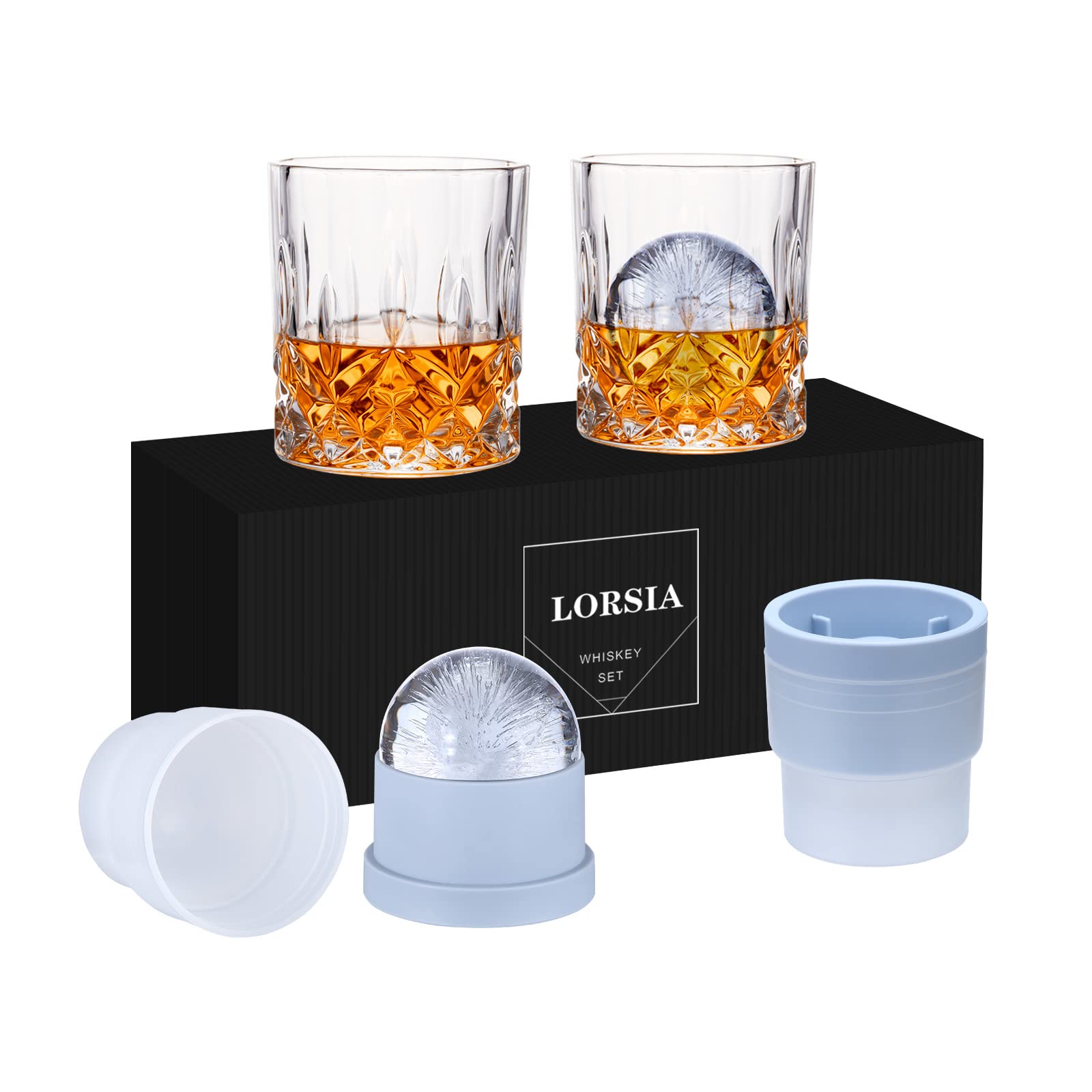 Whiskey Rocks Glass, Set of 4 (2 Crystal Bourbon Glasses, 2 Round Big Ice Ball M