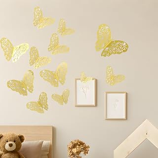 3D Butterfly Wall Decor, Gold Butterfly Decorations for Birthday and Party Celebrations, Removable Stickers