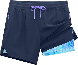 APTRO Pantaloncini da corsa atletici da uomo 2 in 1 da 12,7 cm, con fodera e tasche con cerniera, per basket, tennis, palestra, allenamento, Colore: viola e grigio., M