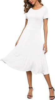 EXCHIC Women's Short Sleeve Solid Color Round Neck Elastic A-Line Dress Casual Elegant Round Neck Midi Dress