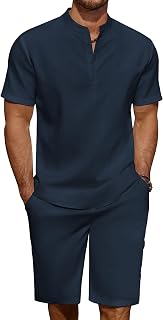 COOFANDY Mens 2 Pieces Linen Set Casual Henley Shirts Beach Pants Outfits