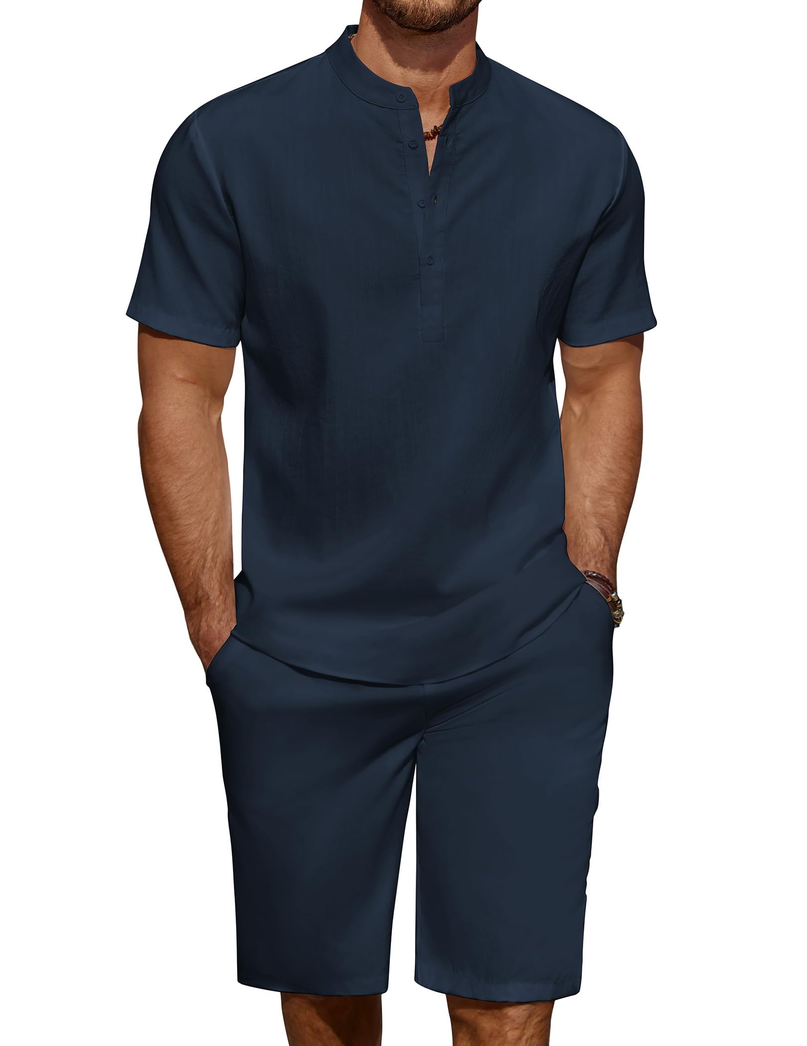 COOFANDY Mens 2 Pieces Linen Set Casual Henley Shirts Beach Pants Outfits