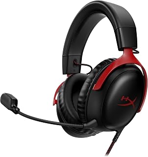 HyperX Cloud III Gaming Headset with USB-C Cable, Integrated Audio Controls, Aluminium Frame, Faux Leather Covered Memory Foam Pads, Suitable for PS4, Xbox and PC, Black/Red