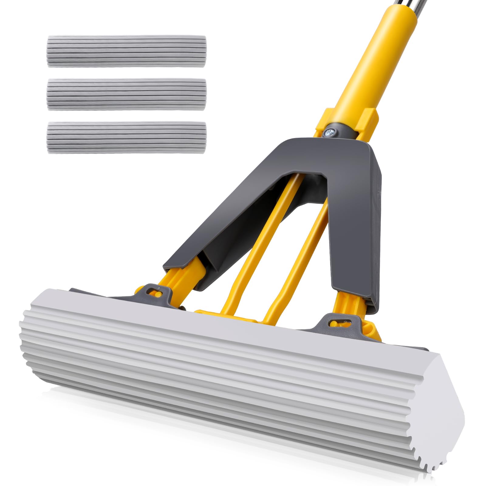 Masthome Self-Wringing Sponge Mop, Hands-Free Squeeze & 3 Replacement Pads