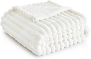 Bedsure Fleece Throw Blanket for Sofa - Fluffy Throw, Off White, 130x170 cm | Striped Soft Cute and Cosy, Lightweight Warmth, Perfect for Room Decor, Travel, Camping, Gifts for Women and Girls