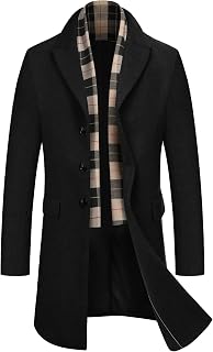 COOFANDY Abrigo de mezcla de lana para hombre con bufandas a cuadros Cuello muesca Abrigo de guisante de un solo pecho, Longitud más larga, color negro, XX-Large