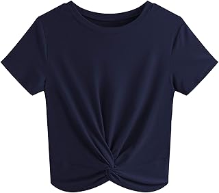 JINKESI Women Summer Blouse Short Sleeve Round Neck Crop Top Twist Front T-Shirt